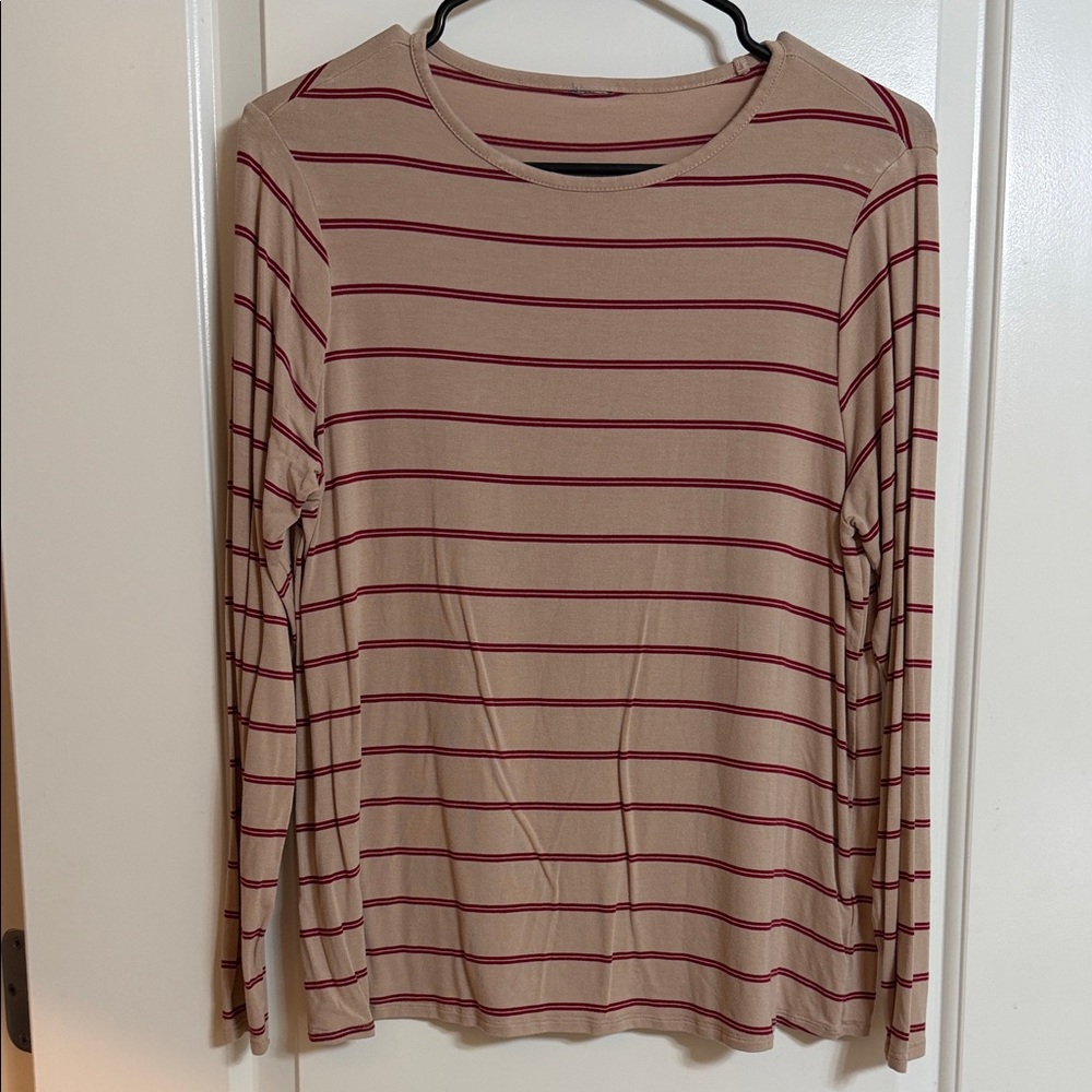 Chic Beige and Red Striped Long Sleeve Top